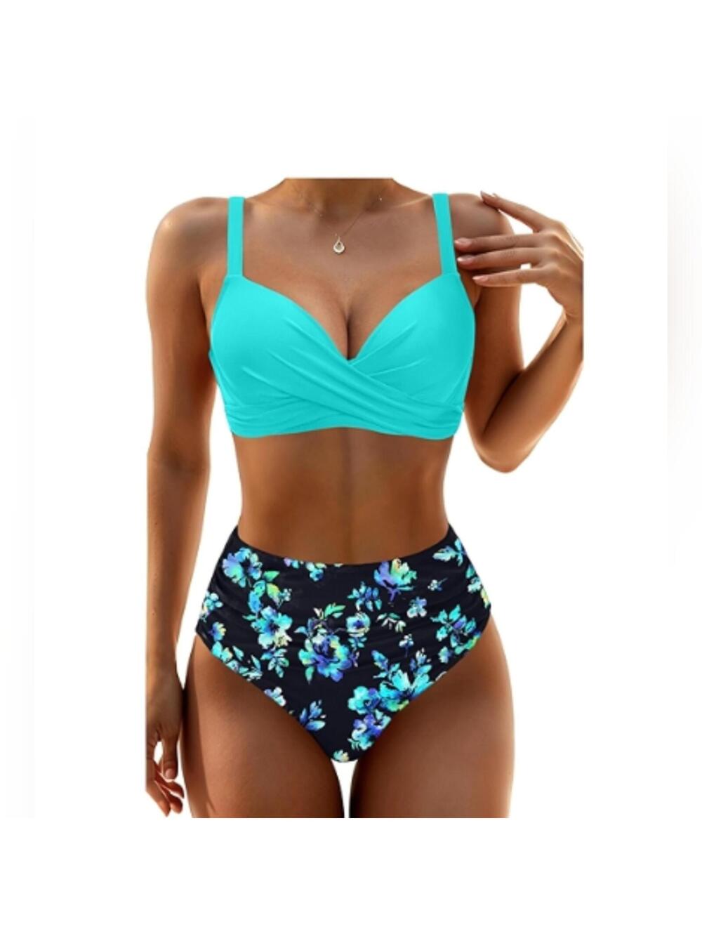 NWOT Aqua Eve 2 Piece High Waisted Underwire Push Up Bikini Swimsuit, L (12-14)